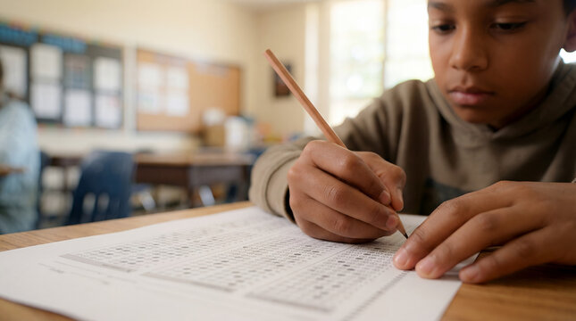 student exam bubble sheet test writing boy black african american boy in gray hoodie writing with pencil on standardized bubble answer sheet in classroom with bulletin board and teacher visible
