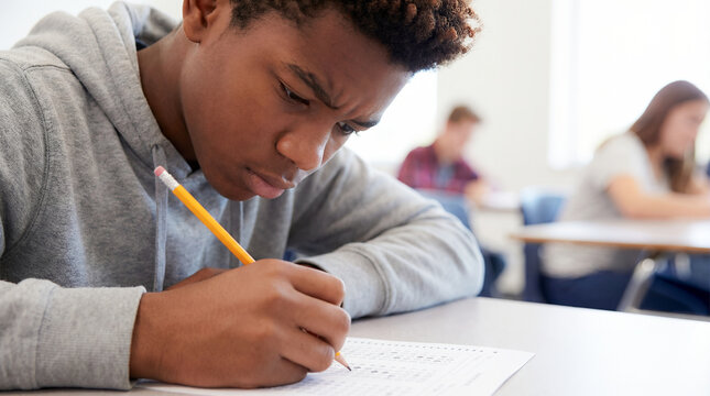 student exam bubble sheet writing stressed boy black african american teenage boy in gray hoodie filling standardized bubble answer sheet with yellow pencil frowning in diverse multiracial classroom