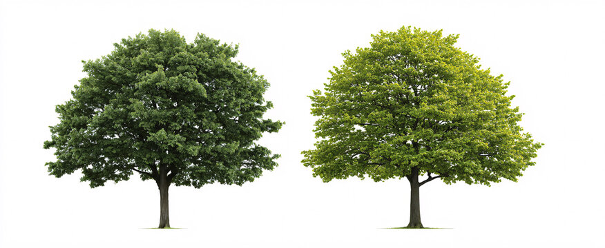 Set of 2 Quercus robur and 2 Betula pendula urban trees on white background.