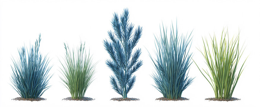 Group of blue fescue and sedge greenery showcased against a crisp white backdrop