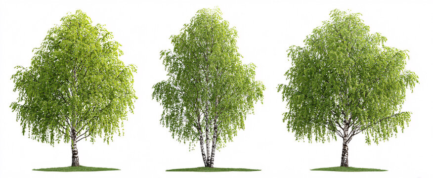 Three playful Betula pendula trees dance on a crisp white stage ready for spring.