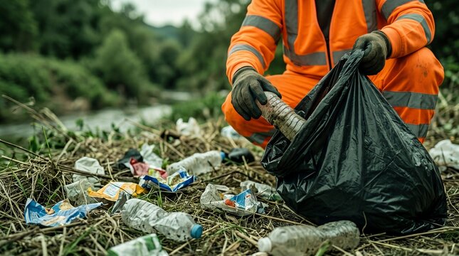 Environmental cleanup event riverbank action natural setting ground-level view professional worker in waste management