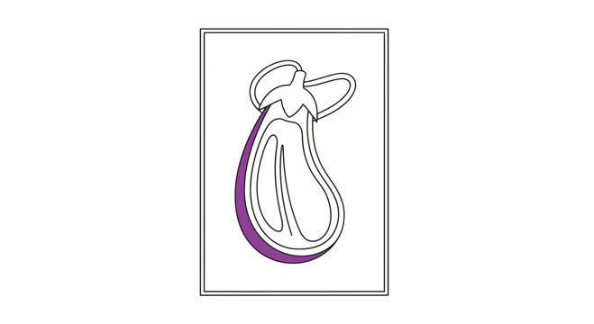 Half Eggplant Line Art with Purple Highlight, Healthy Food Ingredient, Vector Illustration