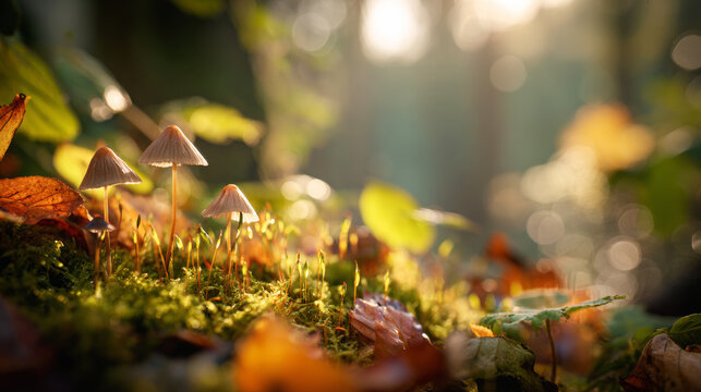 Delicate mushrooms growing on vibrant moss and colorful autumn leaves, warm sunlight illuminating forest floor