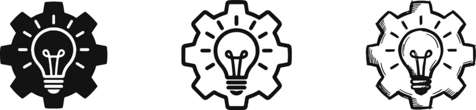 Innovation and Idea Icon Set - Lightbulb Inside a Gear Symbol