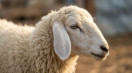 Fototapeta premium Close up portrait of sheep with soft wool in natural farm environment