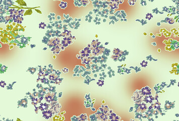Beautiful seamless floral pattern set featuring delicate flower clusters with a soft watercolor finish. Includes two colorways with ethereal blurred background spots in muted mauve, purple, and yellow © Mr procreater