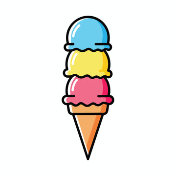 Colorful Triple Scoop Ice Cream Cone Vector Illustration.