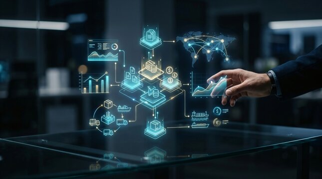 Businessman interacting with hologram of blockchain network. Digital financial data and crypto asset management system. Innovative technology for global currency and investment analysis.