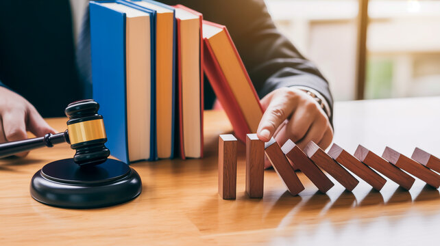 Wooden gavel on law books with blue folder and gavel block legal