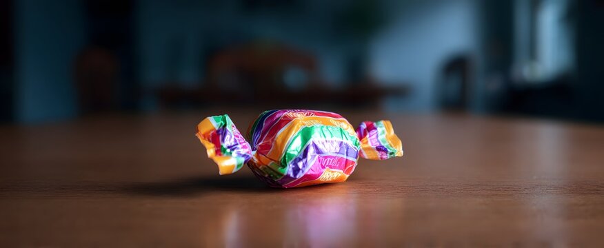 The vibrant candy wrapper folded crisply on the smooth wooden table surface