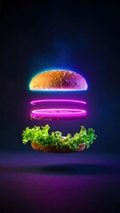 A futuristic burger, neon-lit and levitating against a dark background, vibrant food art