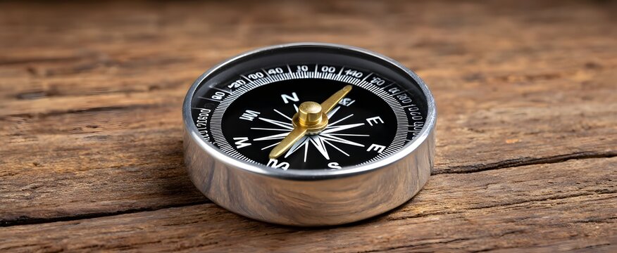 The directional compass rests on a rustic wooden surface guiding clear orientation decisions.