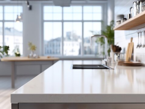 Modern kitchen with sleek white countertops. Large window lets in natural daylight. Minimalist design with open shelving. Clean lines and contemporary appliances