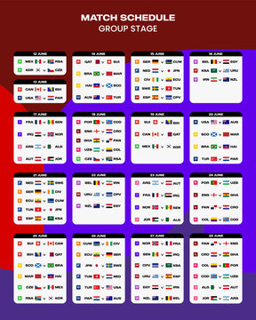 World Football 2026 Match Schedule Infographic with Group Stage Fixtures and National Flags
