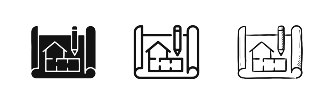 House Blueprint and Pencil Icon Set in Solid Outline and Hand Drawn Styles for Architecture and Construction