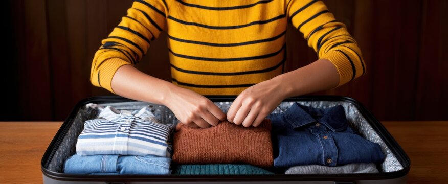 woman packing clothing and essentials neatly into a travel suitcase