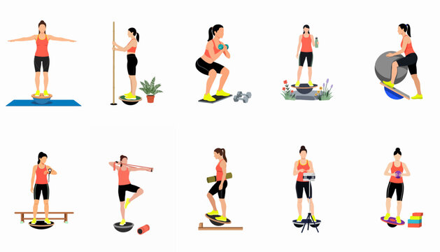Set of vector illustrations depicting a woman performing various balance, core strength, and stability exercises using diverse gym equipment on a white background.