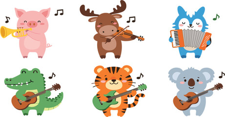 Obraz premium Cute animal musicians set with pig, deer, owl, crocodile, tiger and koala playing instruments vector illustration collection