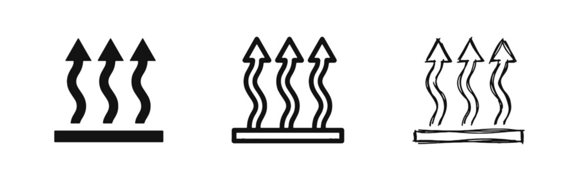 Heat convection airflow icon set, warm temperature rising steam symbol