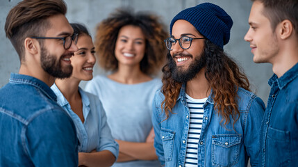 Obraz premium Friendly Faces A vibrant and diverse group of individuals share smiles and engage in lively conversation, fostering a sense of camaraderie and connection.