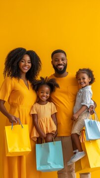 A happy family dressed in shades of yellow holds shopping bags against a plain background, providing a striking backdrop for advertising sales, family values and consumer happiness.