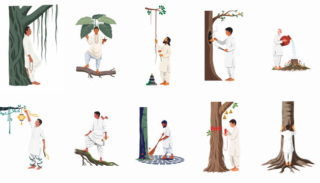 Collection of illustrations depicting Indian men in traditional white clothing performing various spiritual rituals and showing deep reverence to trees and nature.