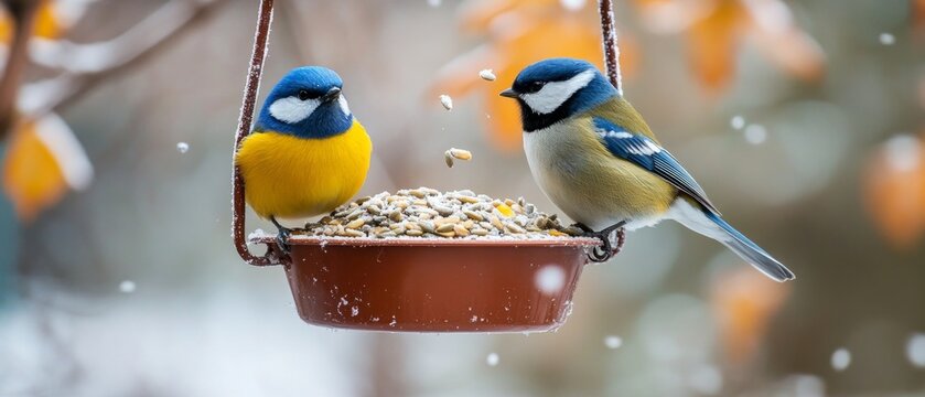 Two titmice peck at seeds from a bird feeder in the freezing cold, providing a lively backdrop for articles on feeding birds in winter and caring for nature.