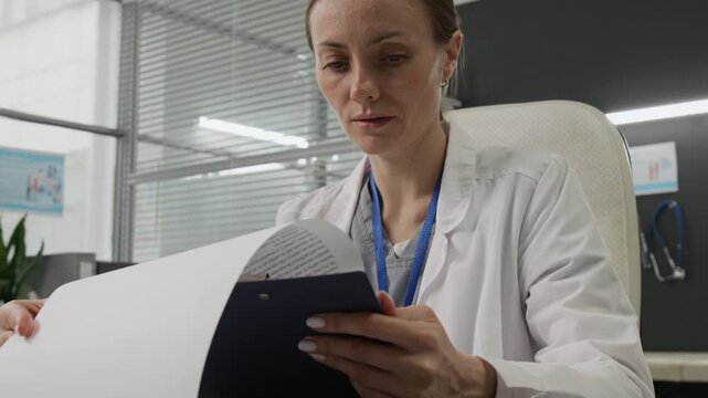 Concentrated female medical specialist holding clipboard reading document during workday in private clinic