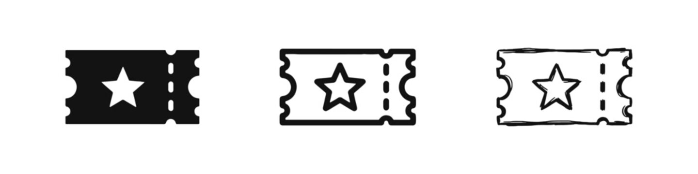 Movie event ticket icon set, admission pass entertainment entry voucher symbol