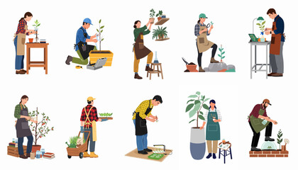 Fototapeta premium Diverse people engaged in various gardening activities, including planting, pruning, and plant care, illustrated in a flat style on white background.