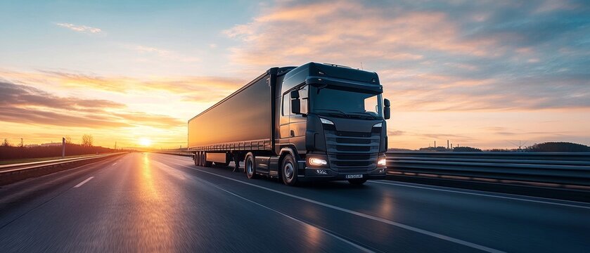 A modern lorry speeds along the motorway towards the setting sun, providing a dynamic backdrop for themes relating to logistics, freight transport and the profession of long-distance lorry driving.