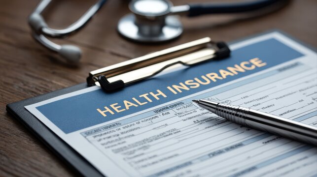A close-up image of health insurance form on a clipboard. Medical and insurance concept.