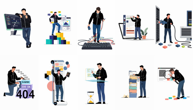 Collection of flat vector illustrations featuring a male IT professional engaged in various web development, server maintenance, coding, and technical support tasks.