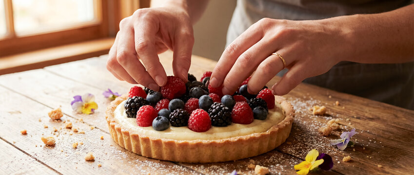 couple placing fresh berries tart together close hands baking kitchen sweet dessert bond connection craft homemade colorful frosting care leisure sharing warm togetherness creation pastry fun