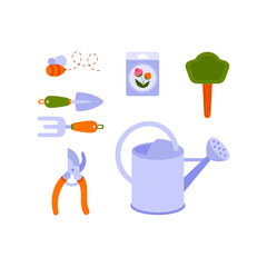 Obraz premium Gardening Tools Set, Watering Can, Pruner, and Seeds Vector Illustration