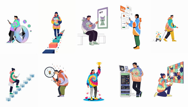 Flat Vector Illustrations of People in Tie-Dye Hoodies Exploring Cryptocurrency, Blockchain, NFTs, and Digital Technology Concepts