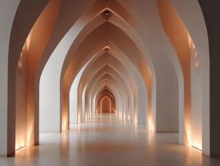 Obraz premium Serene hallway with repeating arches and warm lighting. Smooth white walls reflect soft golden glow from floor lamps. Perspective draws viewer deeper into tranquil architectural space