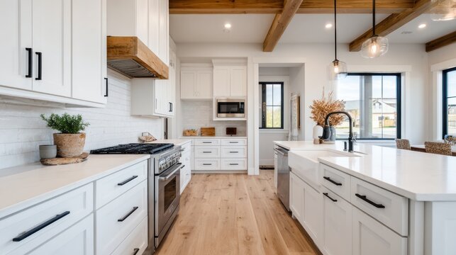 Modern farmhouse kitchen interior with white shaker cabinets wooden beams and large island creating warm rustic charm and functional contemporary country home design concept