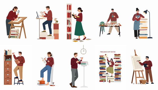 Flat vector illustrations of professional copy editors and proofreaders working with manuscripts, books, and style guides in various office settings.