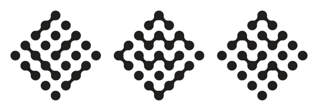 Abstract metaball figures. Metaball dot shapes, y2k connected round blobs icons flat vector illustration set. Liquid molecule shapes on white . Black pattern of dots metabol . connected molecules