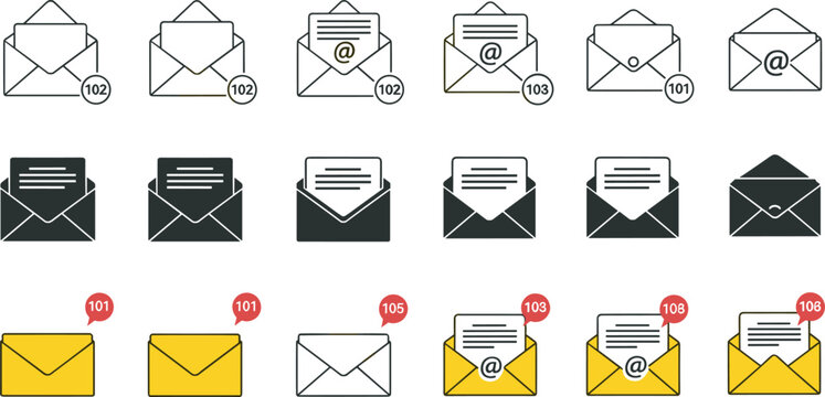 Set of envelope email icons with notification counters and at symbols including flat line and solid styles for web mail communication and message alerts.