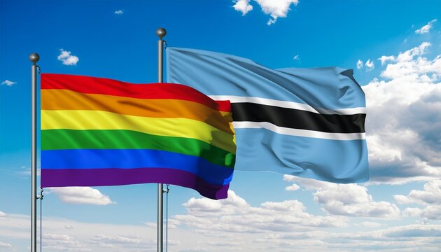rainbow pride flag and botswana flag waving on blue sky background