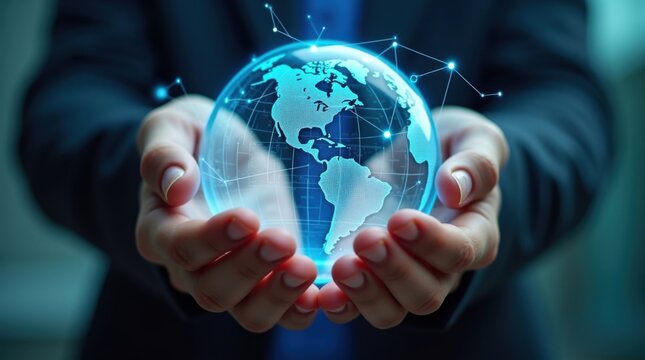 Manos sosteniendo una esfera global transparente con conexiones de datos