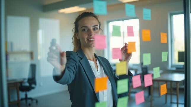 Una empresaria creativa realiza una lluvia de ideas en una pared de vidrio transparente con notas adhesivas de colores