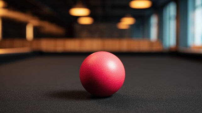 Single red billiard ball resting on professional dark felt pool table in blurred club environment creating moody nightlife atmosphere and cinematic sports recreation concept
