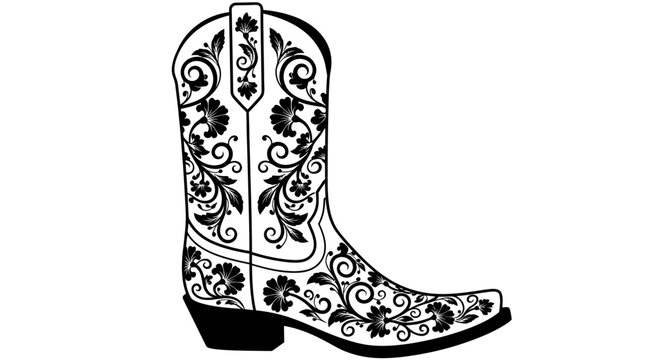 Black and White Cowboy Boot with Floral Pattern - Vector Graphic