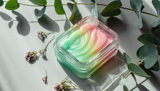 Pastel Swirled Skincare Cream in Clear Glass Jar with Eucalyptus Leaves