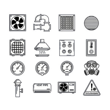 HVAC System Icons Set: Ventilation, Air Conditioning, Heating, and Safety Equipment
