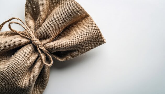 Rustic Burlap Wrapped Gift Tied with Twine on White Background